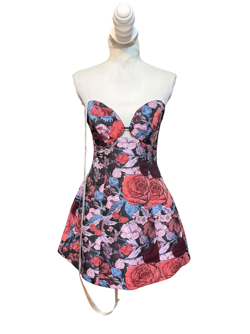 elliatt delphine red & pink tulip floral jacquard sweetheart mini dress small - Picture 2 of 6